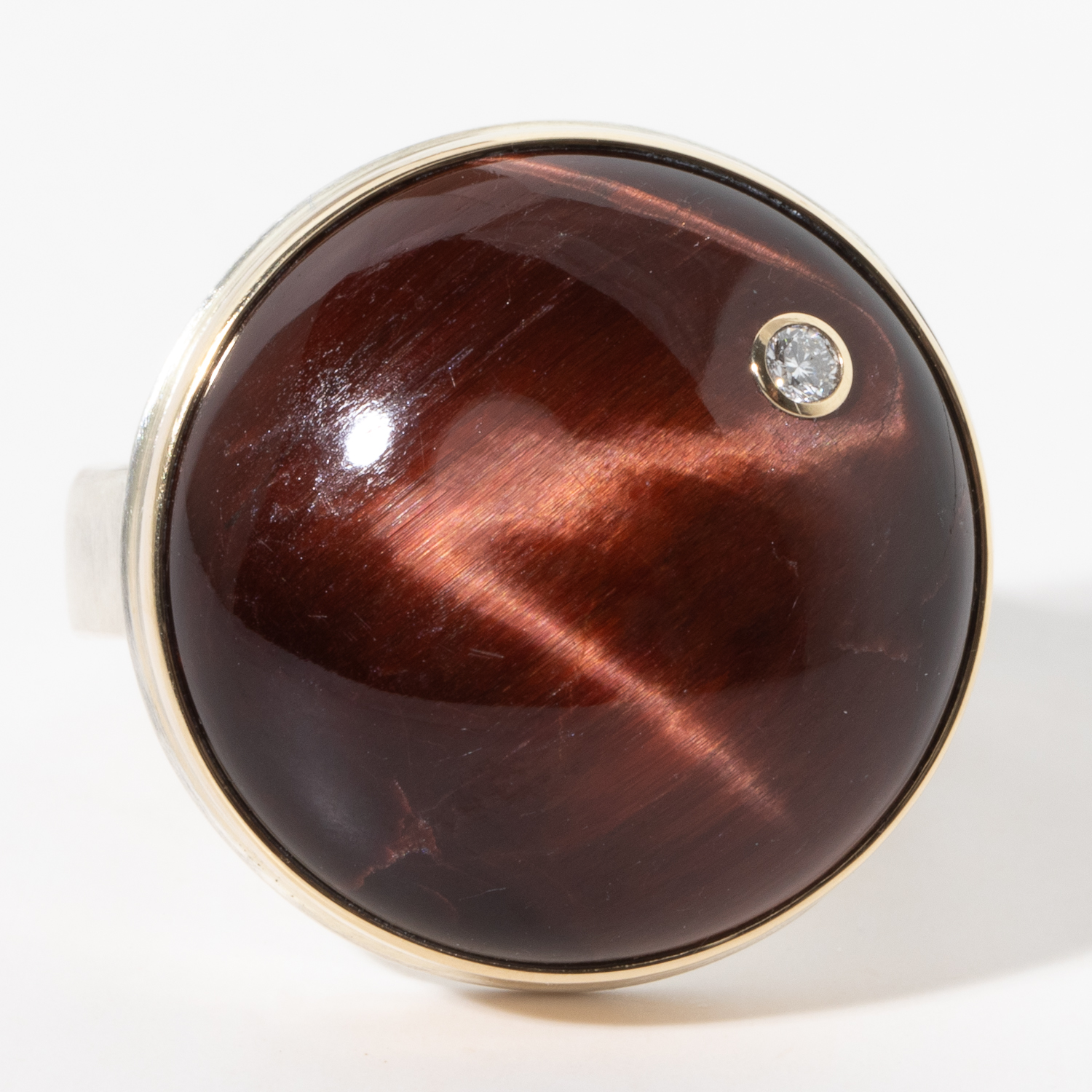 Jamie Joseph: Sterling & 14K Gold Ring w/ Round Smooth RED TIGER'S EYE and .03 Pt Diamond on Comfort Y Band
