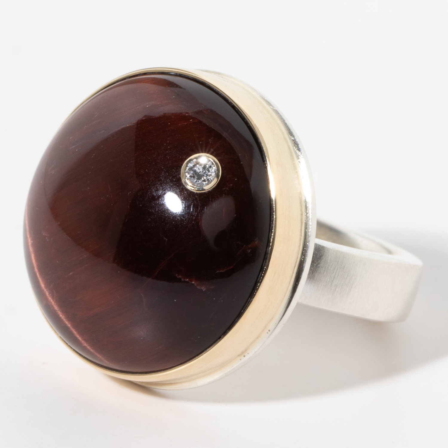 Jamie Joseph: Sterling & 14K Gold Ring w/ Round Smooth RED TIGER'S EYE and .03 Pt Diamond on Comfort Y Band