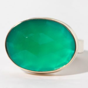Jamie Joseph: Sterling & 14K Gold Ring w/ Oval Rose Cut GREEN ONYX on Y Band