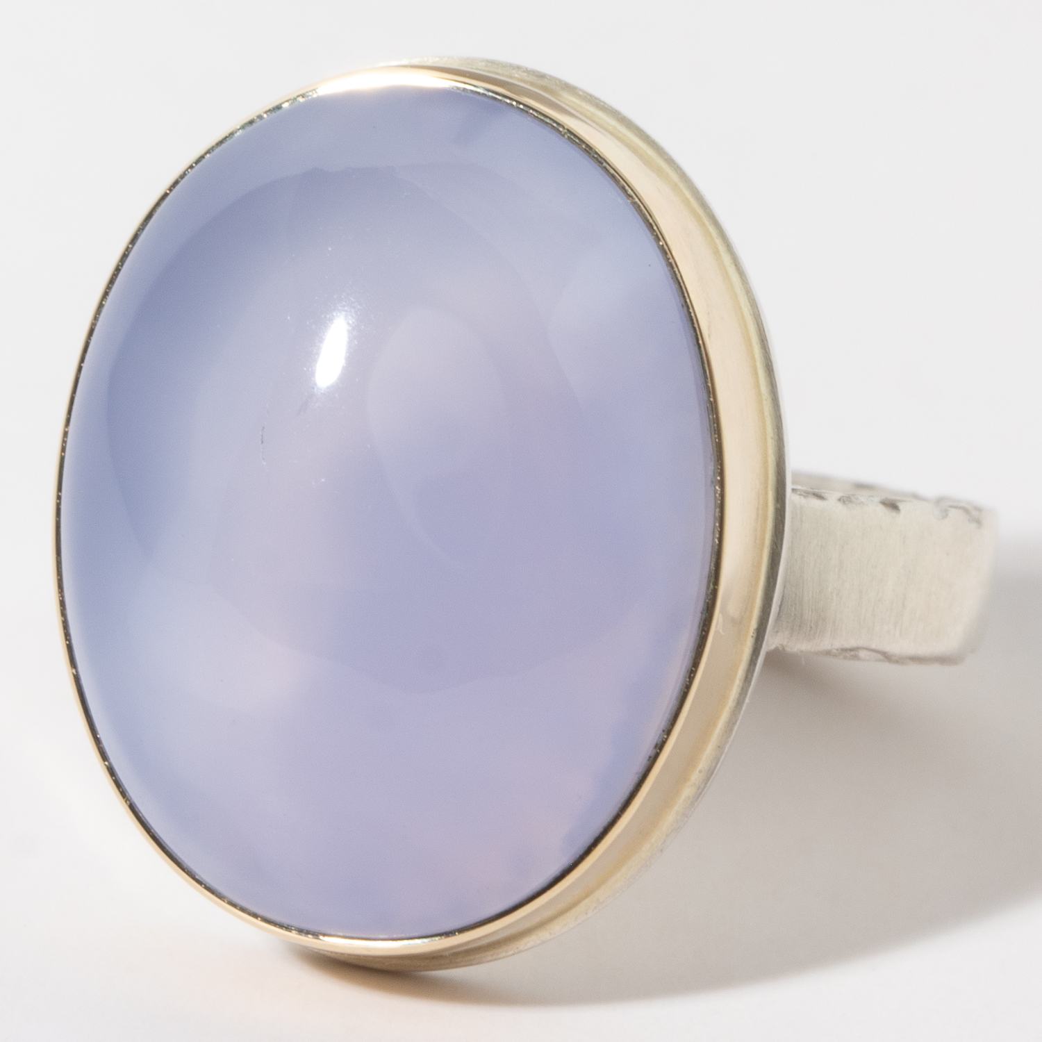 Jamie Joseph:Sterling & 14K Gold Ring w/ Vertical Oval BLUE CHALCEDONY on Middle Bark Band Sz. 7.5