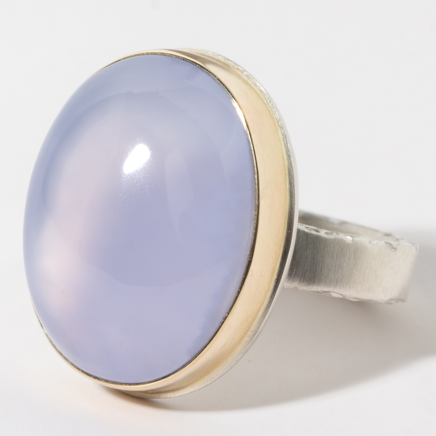 Jamie Joseph:Sterling & 14K Gold Ring w/ Vertical Oval BLUE CHALCEDONY on Middle Bark Band Sz. 7.5