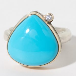 Jamie Joseph:  Sterling & 14K Gold Ring w/ Lotus SLEEPING BEAUTY TURQUOISE and .03 Pt Satellite Diamond on Middle Groovy Band