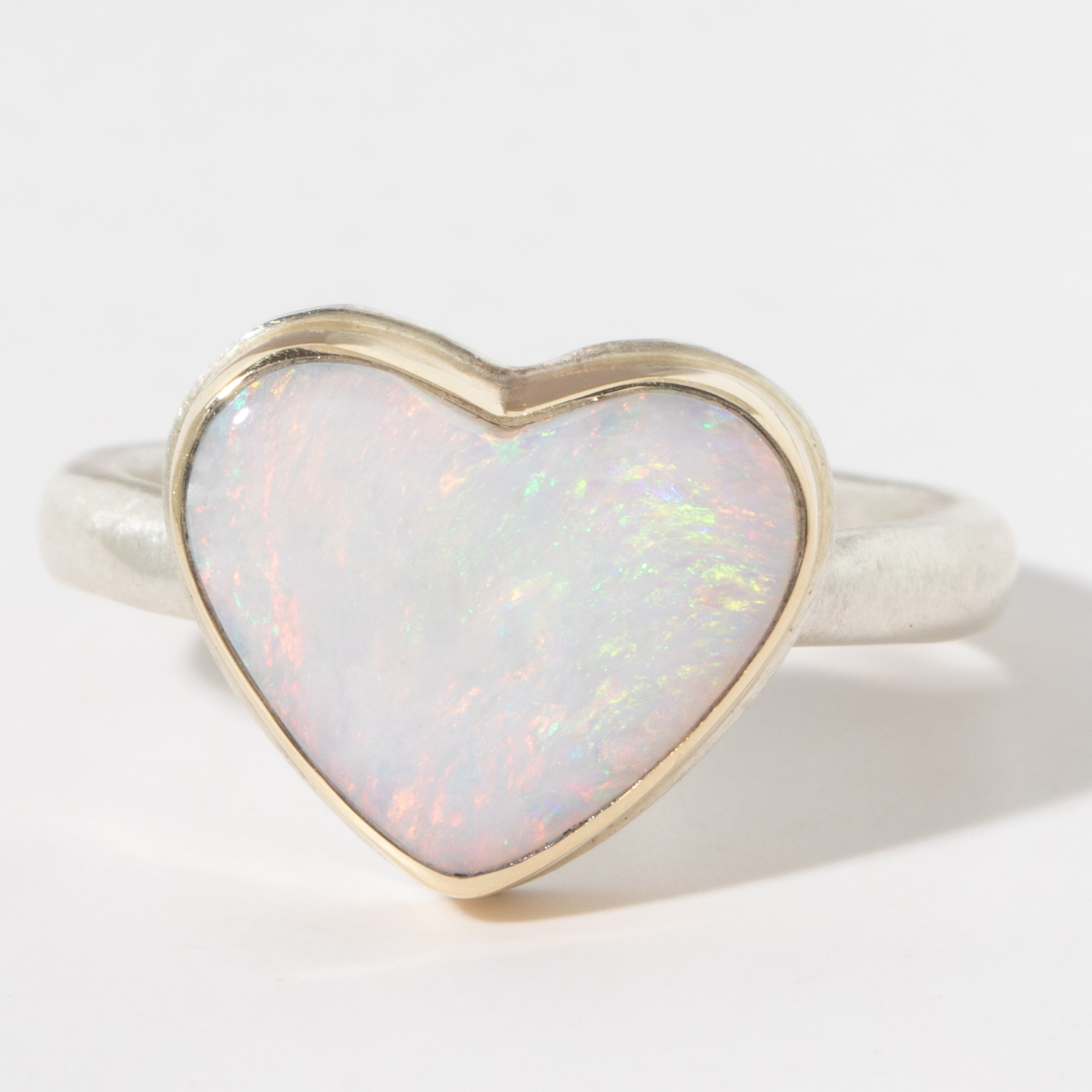 Jamie Joseph:Sterling & 14K Gold Ring w/ Heart Shape AUSTRALIAN OPAL On Middle Organic Band sz. 7.25