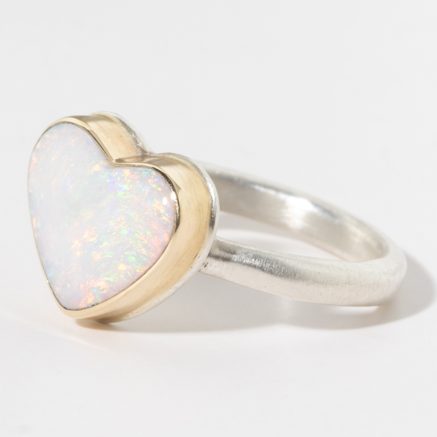 Jamie Joseph:Sterling & 14K Gold Ring w/ Heart Shape AUSTRALIAN OPAL On Middle Organic Band sz. 7.25