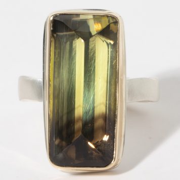 Jamie Joseph:  Sterling & 14K Gold Ring w/ Vertical Rectangular Inverted BI-COLOR QUARTZ on Soft Live Edge Band