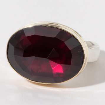 Jamie Joseph: Sterling & 14K Gold Ring w/ Oval Inverted RHODALITE GARNET on Soft Live Edge