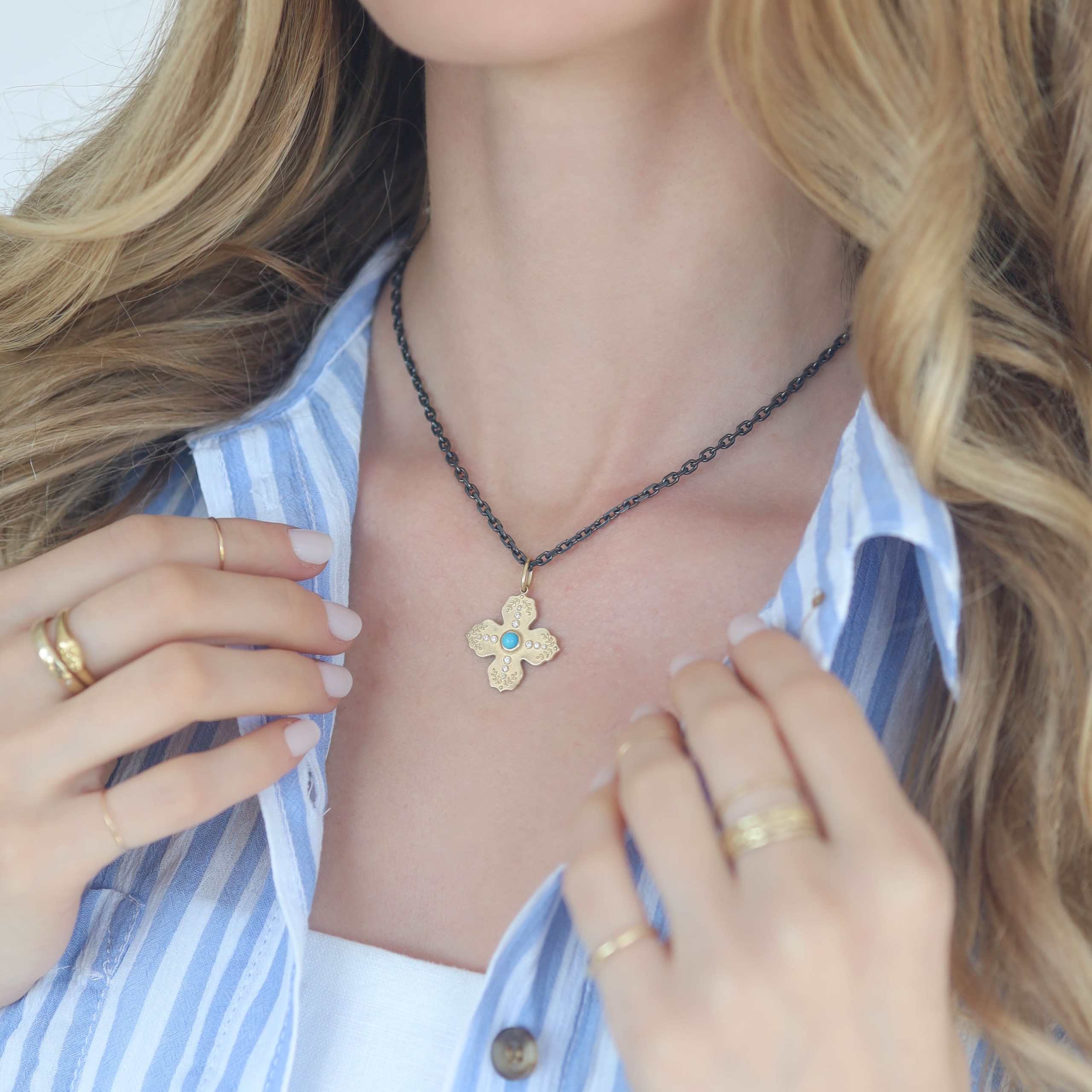 Erica Molinari :14K 4 Point stone, diamond & Turquoise charm, .112ts, 'Live, Life, Love'