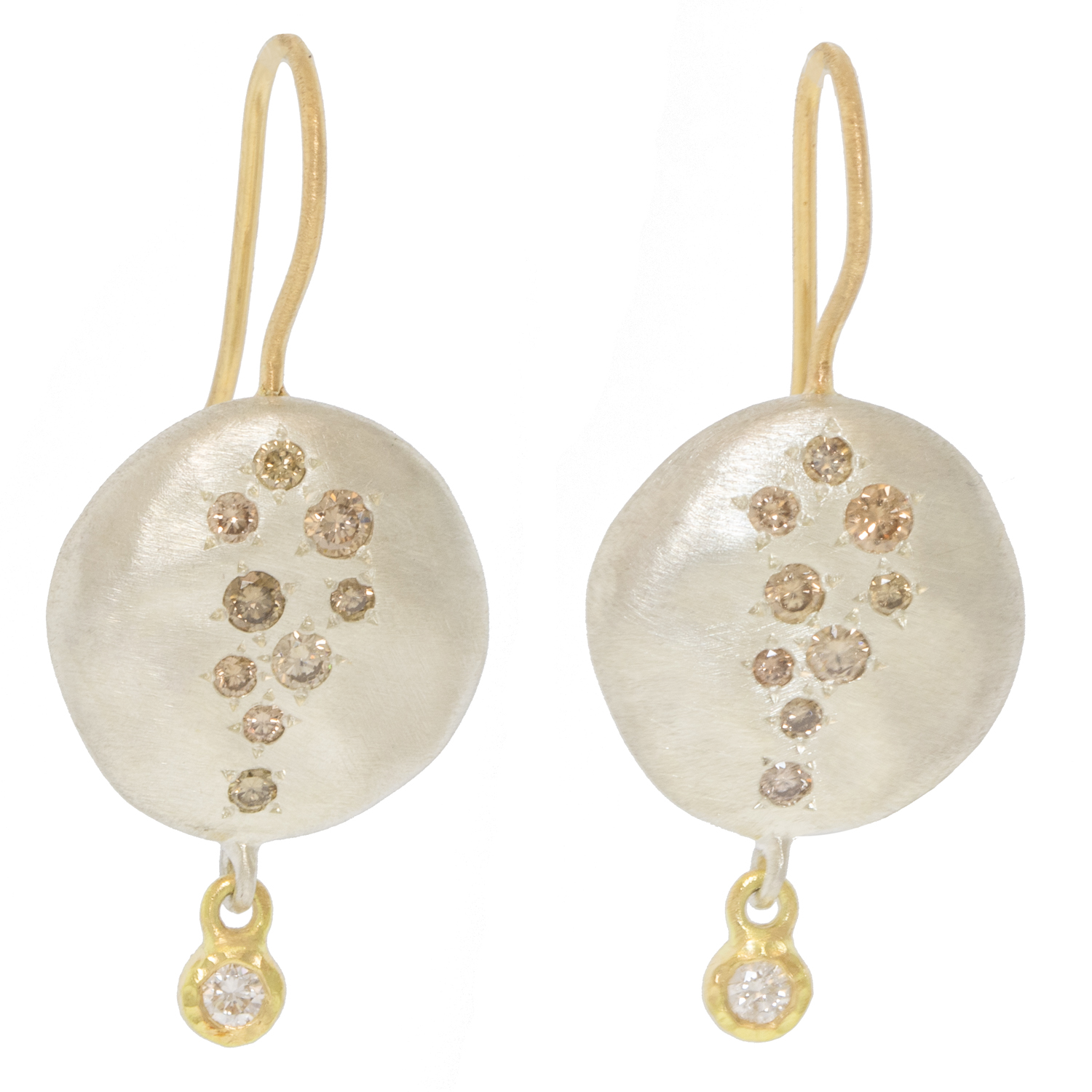 Yasuko Azuma: Earrings, SS 14mm Disc w/ 0.35ct Brown Diamonds and 0.06ct White & 18k Wire