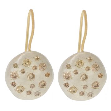 Yasuko Azuma: Earrings, SS 12mm Disc w/ 0.54ct Brown Diamonds & 18k Wire