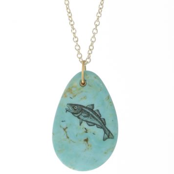 Hannah Blount:Codfish Turquoise scrimshaw necklace,14.79ct Kingman turq 18"