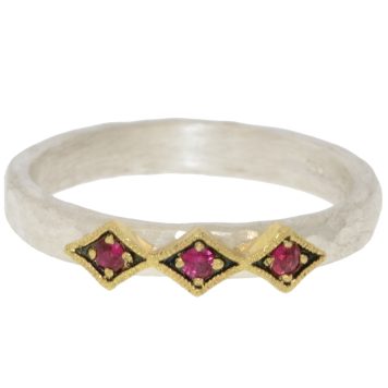 Yasuko Azuma: Ring, Triple 0.10ct Rubies, 3mm Hammered SS Band w/ 18k Bezel, size 6.5