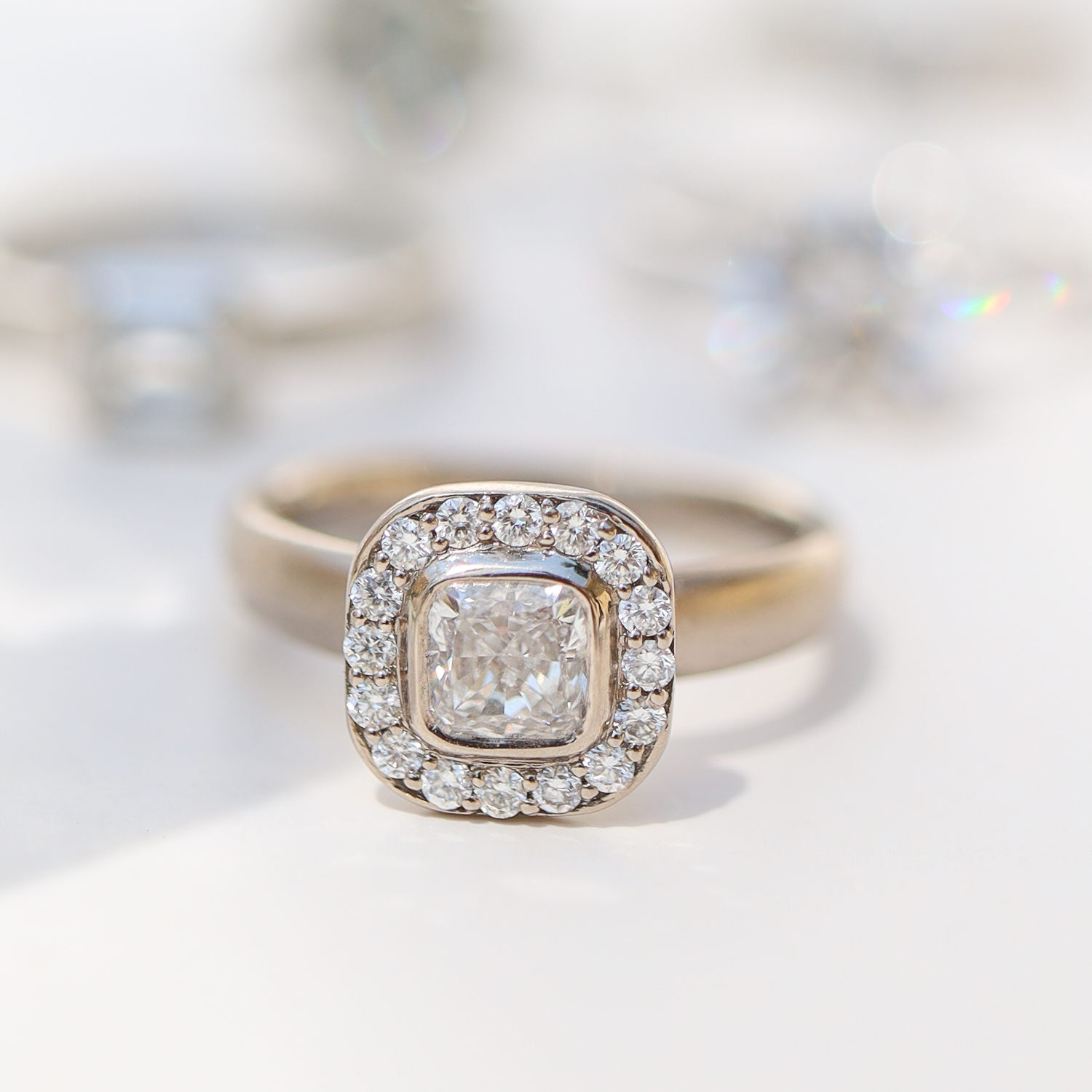 Jamie Joseph: 18k Palladium White Gold & .26 Ct Diamond Halo Ring w/ .80 ct HVS2 GIA Cushion Cut Diamond Solitaire