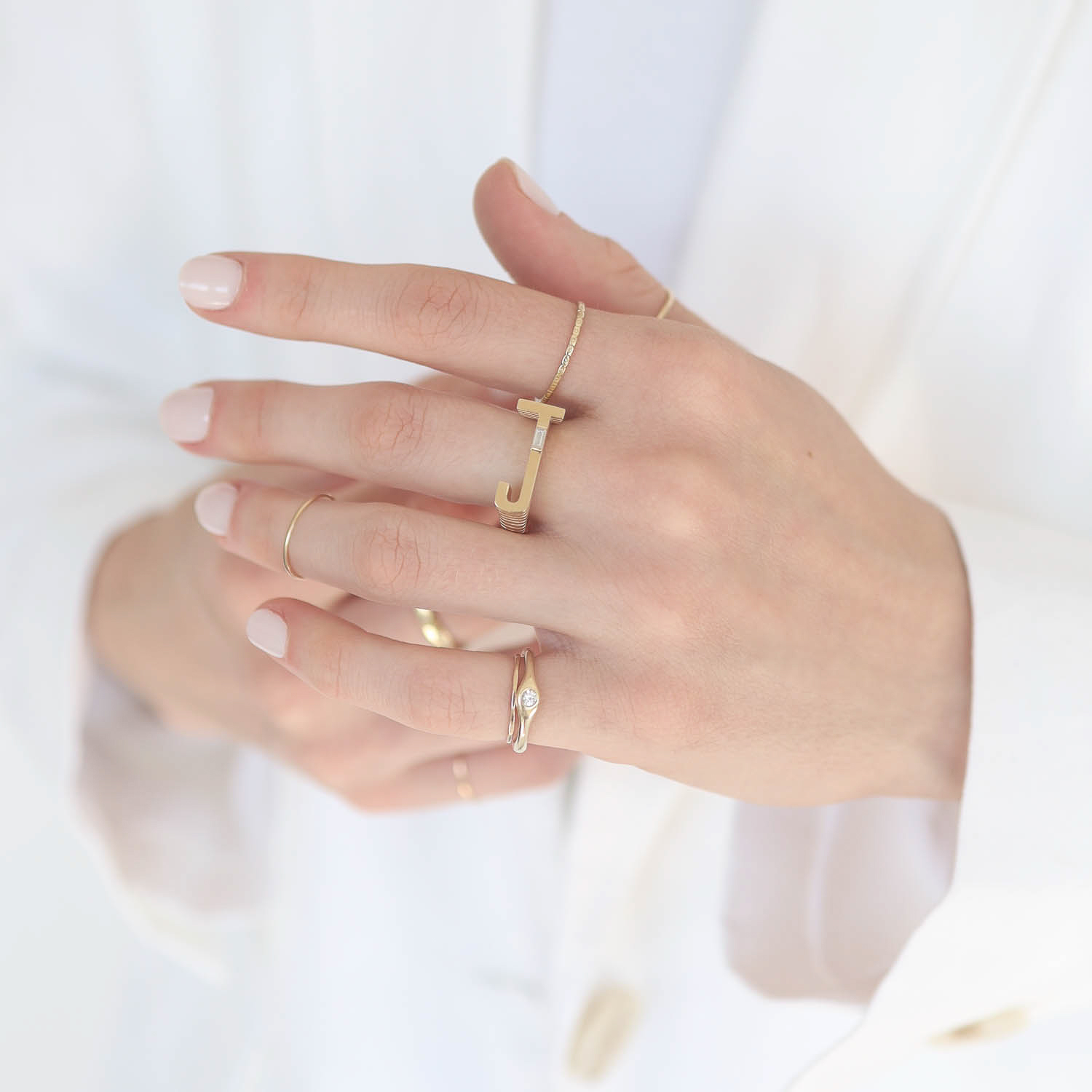 Helena Rose: Ribbed Initial 14k Ring w/ Baguette Diamond - J