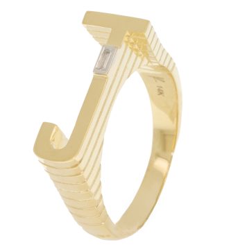 Helena Rose: Ribbed Initial 14k Ring w/ Baguette Diamond - J
