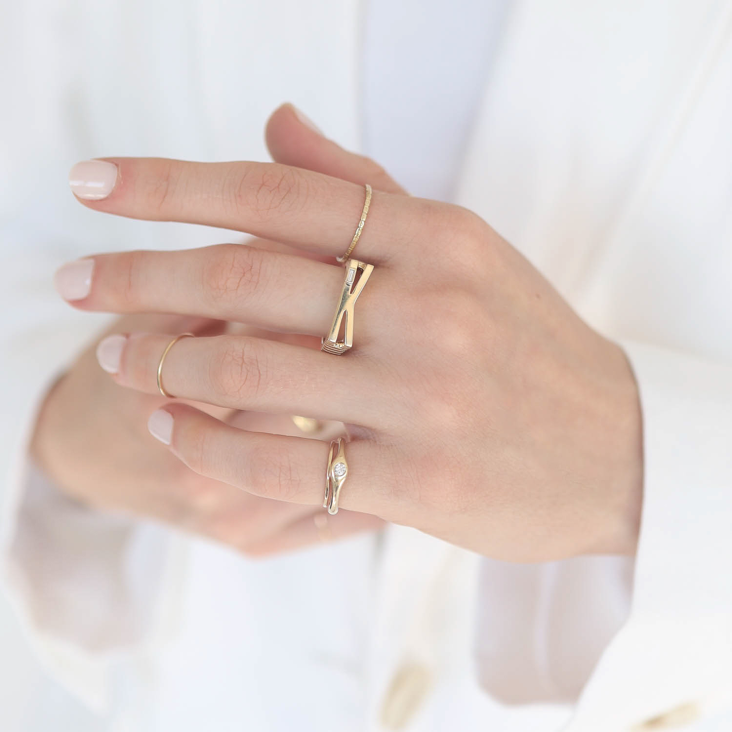 Helena Rose: Ribbed Initial 14k Ring w/ Baguette Diamond - K