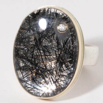 Jamie Joseph: Sterling & 14K Gold Ring w/ Vertical Oval TOURMINALATED QUARTZ and .03 Pt Diamond on Comfort Band SZ 7.75