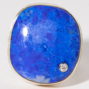 Jamie Joseph: Sterling & 14K Gold Ring w/ Rectangular, Vertical Smooth LAPIS and .03 Pt Diamond on Groovy Band SZ. 8.5