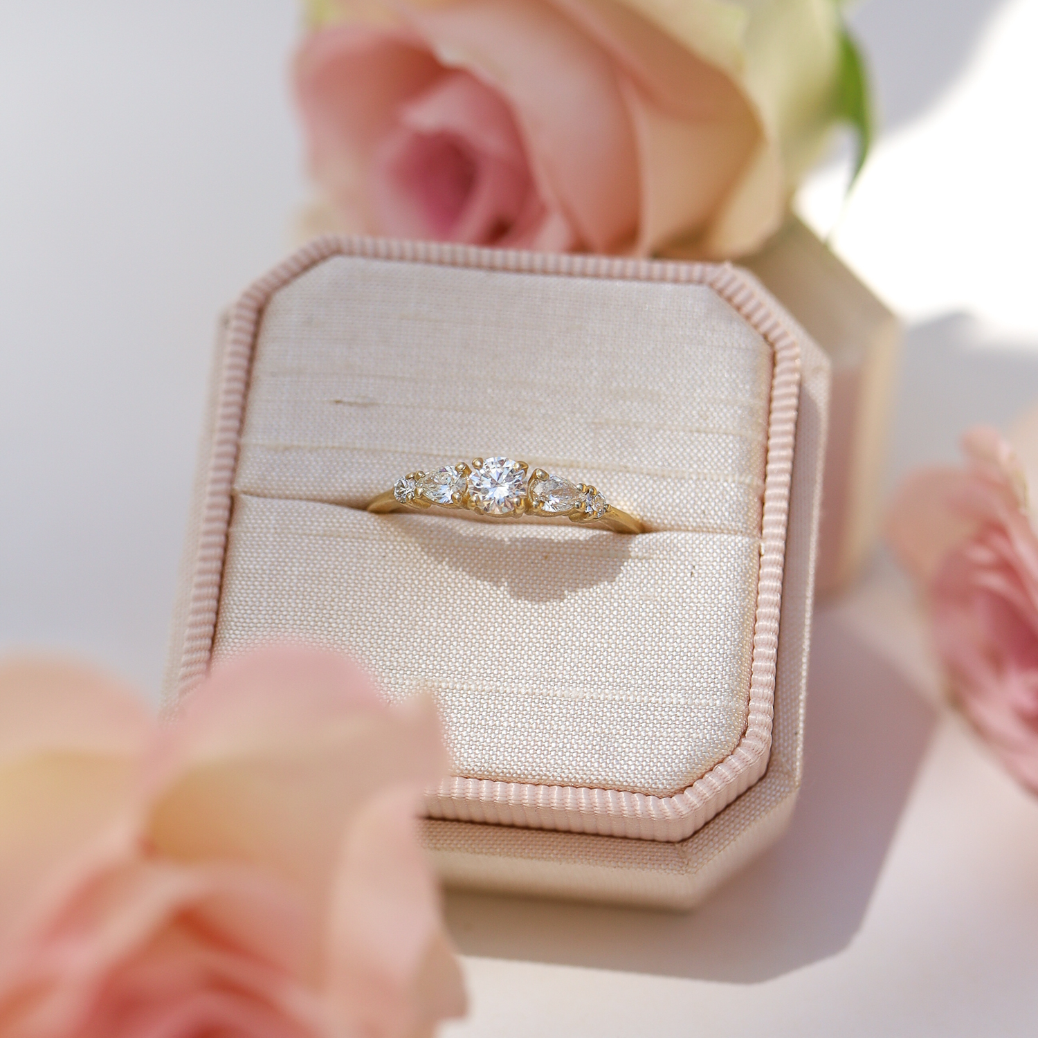 Robin Haley: Ring, 14K Gold Delicate Diamond Ring, 1 Brilliant, 2 Pear, 2 Brilliant cut, .56tcw, sz 6.75