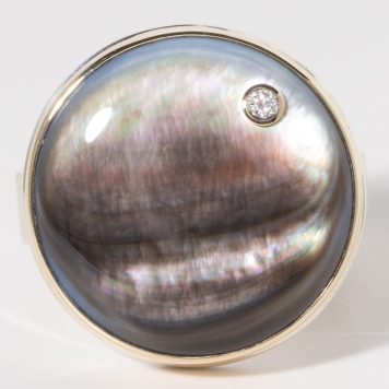 Jamie Joseph: Sterling & 14K Gold Ring w/ Round BLACK MOTHER OF PEARL & .03 ct Diamond on Live Edge Band SZ 7.75