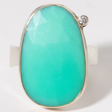 Jamie Joseph:  Sterling & 14K Gold Ring w/ Oval, Vertical Faceted CHRYSOPRASE and .03 Pt satellite Diamond on Live Edge Band, 7.5