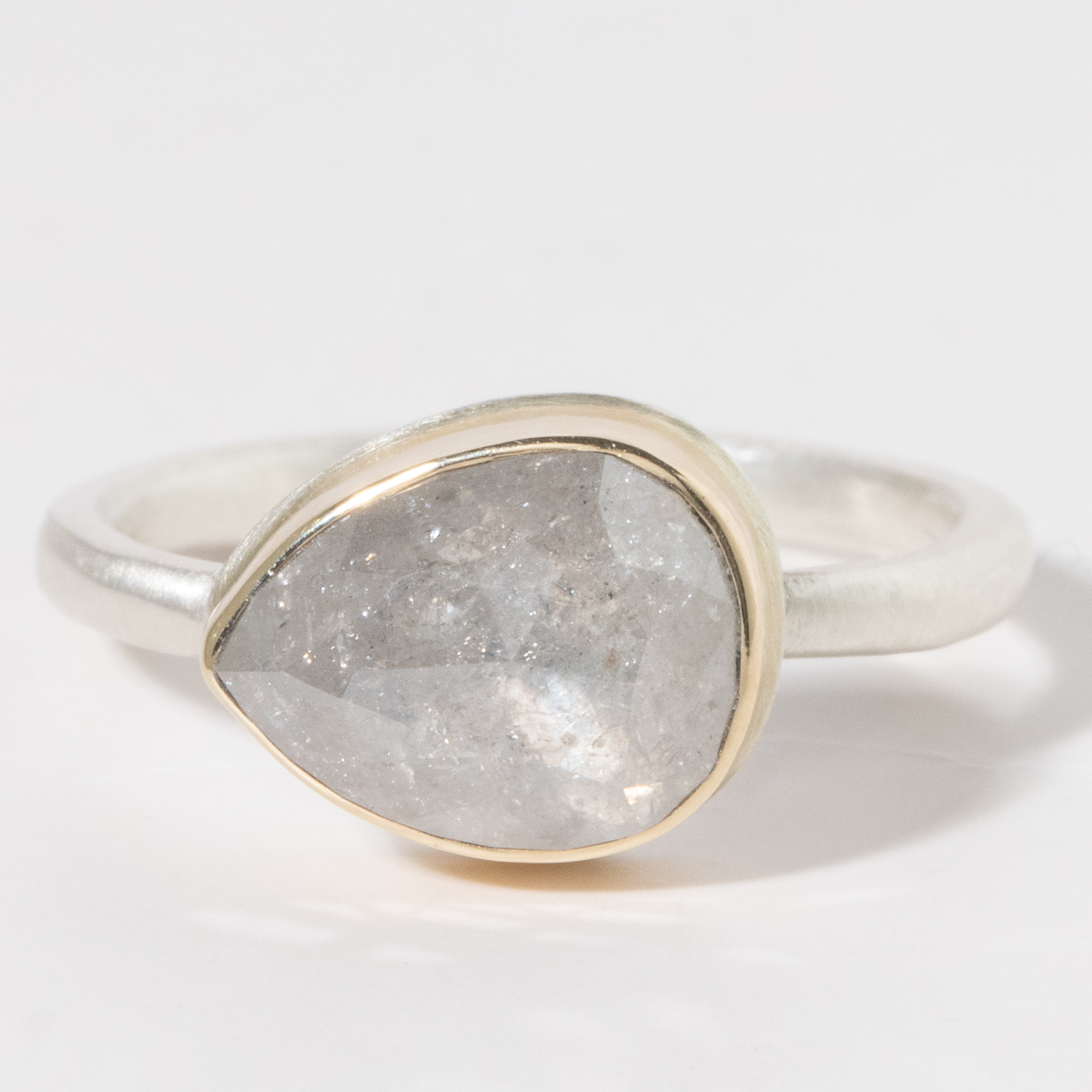 Jamie Joseph: Sterling & 14K Gold Ring w/ Teardrop RUSTIC DIAMOND on Sand Band 2.12 TCW SZ. 7