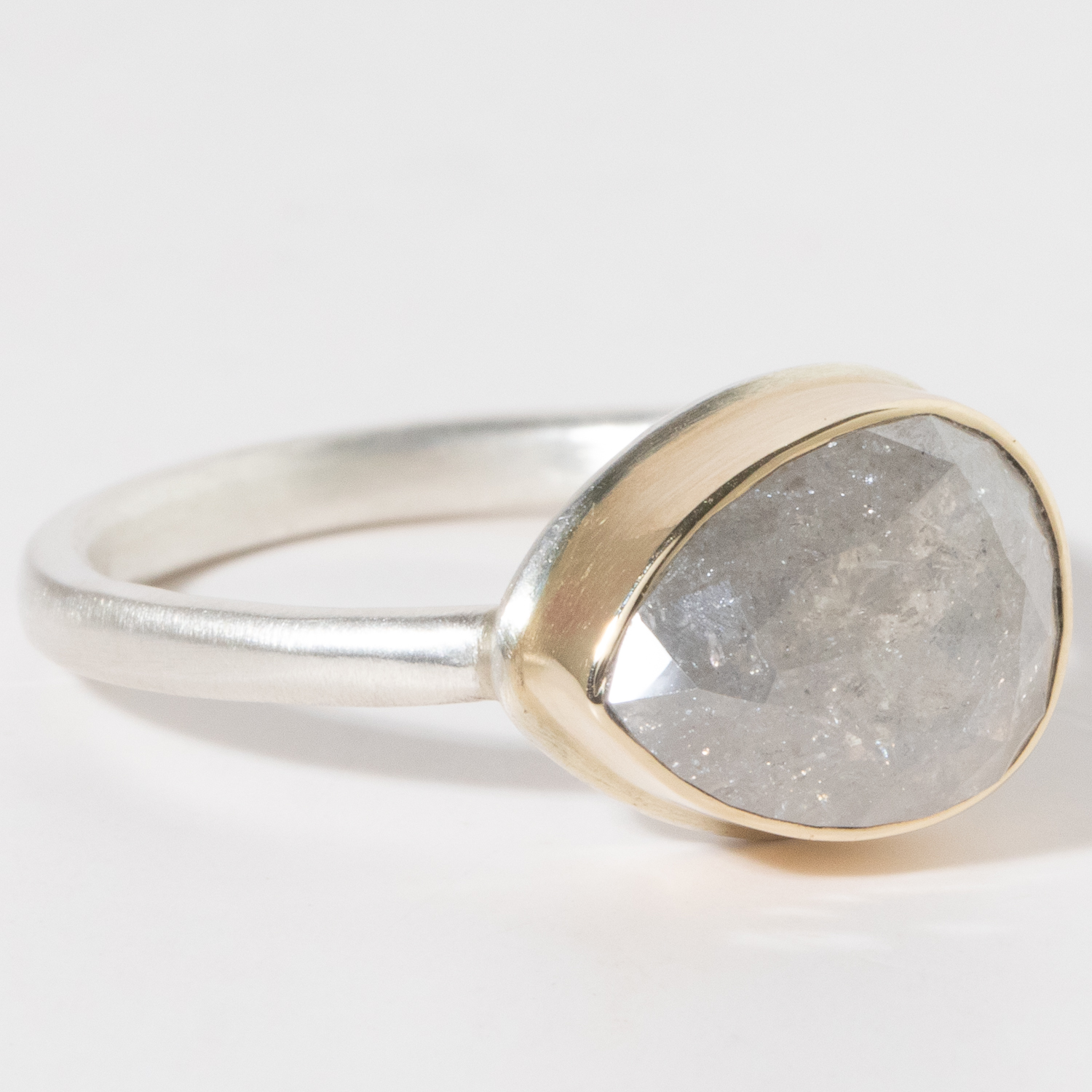 Jamie Joseph: Sterling & 14K Gold Ring w/ Teardrop RUSTIC DIAMOND on Sand Band 2.12 TCW SZ. 7