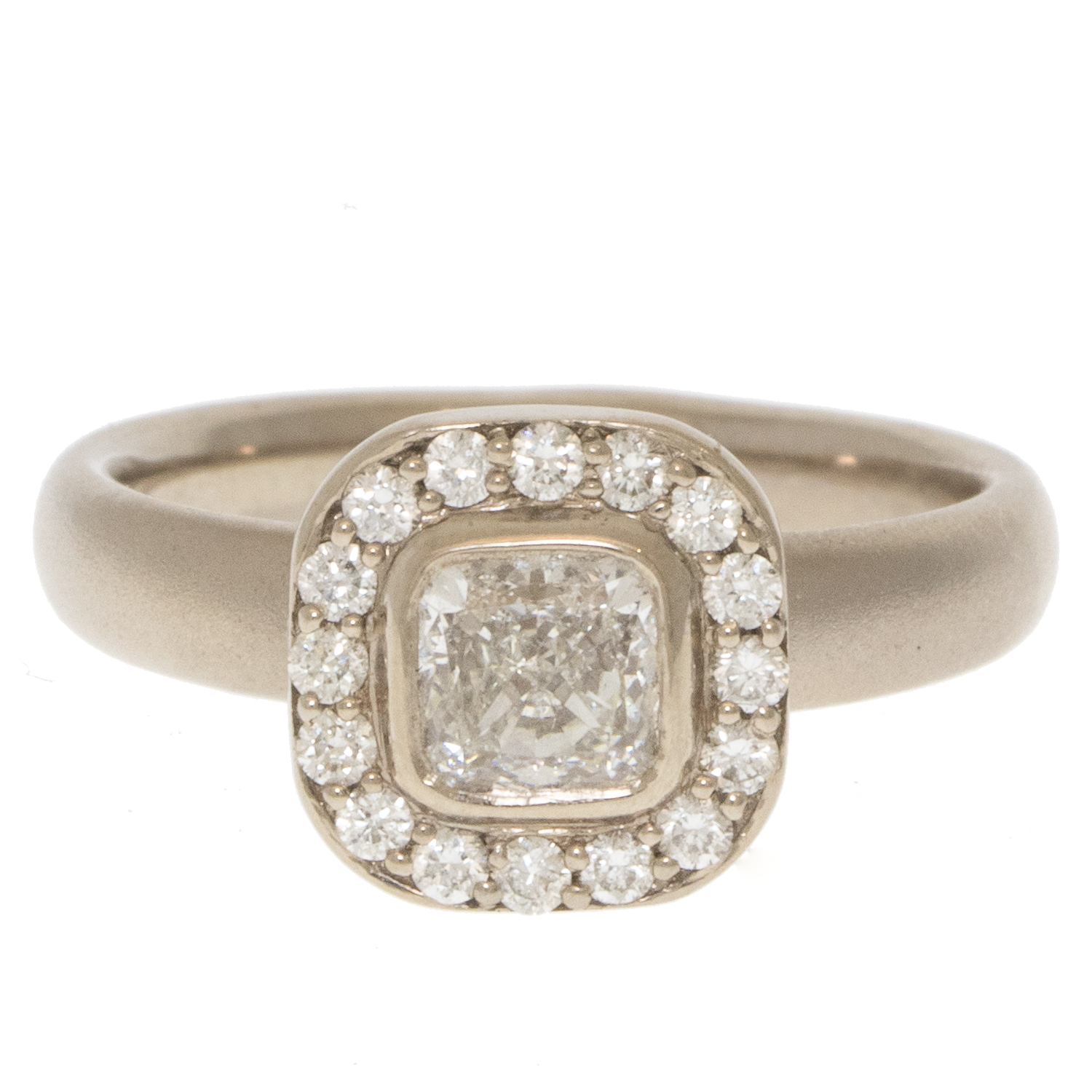 Jamie Joseph: 18k Palladium White Gold & .26 Ct Diamond Halo Ring w/ .80 ct HVS2 GIA Cushion Cut Diamond Solitaire