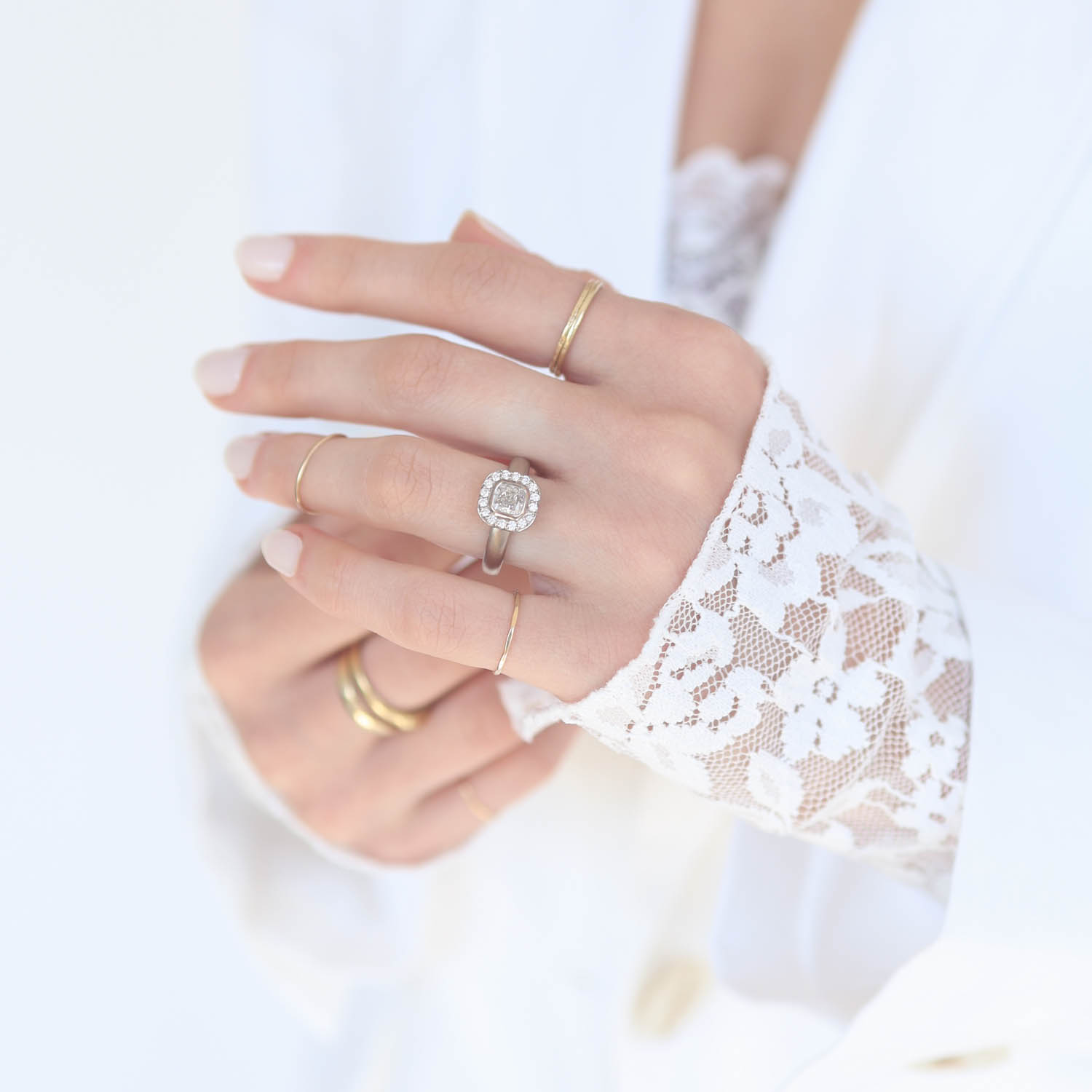 Jamie Joseph: 18k Palladium White Gold & .26 Ct Diamond Halo Ring w/ .80 ct HVS2 GIA Cushion Cut Diamond Solitaire