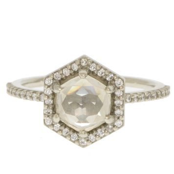 Jamie Joseph: 18k White Gold & .28 TW Diamond Halo and Band w/ Pronged 2.11 Ct Champagne Hexagonal Diamond Solitaire