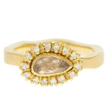 Jamie Joseph: 18k YG & .14 TCW Pave Diamond Halo Ring w/ .73 ct Rustic Champagne Diamond Solitaire (.87 TCW)