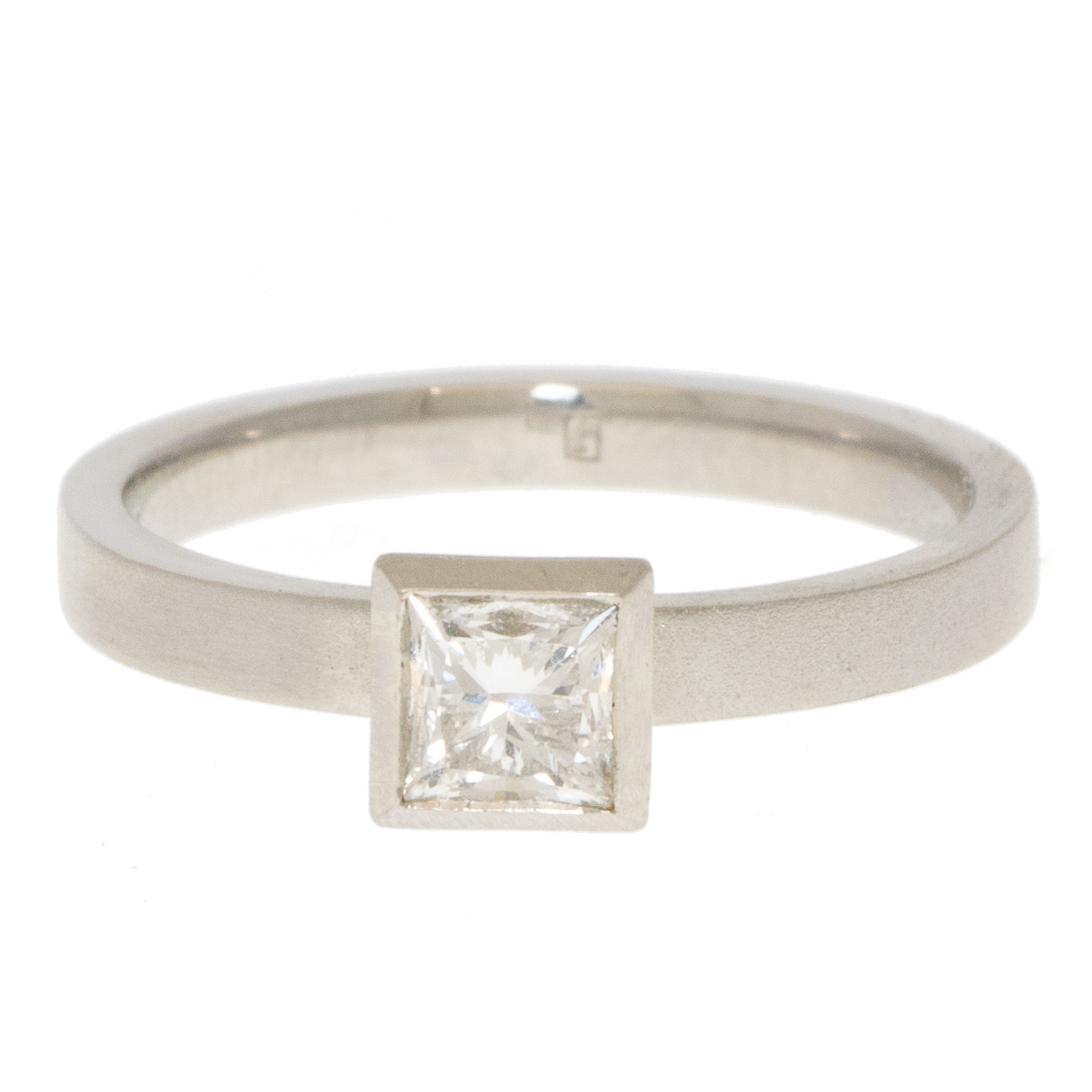 Jamie Joseph: Platinum Ring w/ Bezelled .58 ct F VS1 Princess Cut Diamond Solitaire