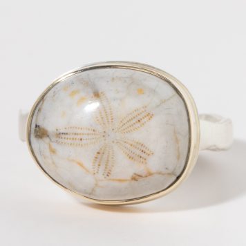 Jamie Joseph: Sterling & 14K Gold Ring w/ Small Asymmetrical FOSSILIZED SEA URCHIN on Eroded Live Edge Band SZ. 8