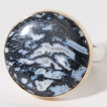 Jamie Joseph: Sterling & 14K Gold Ring w/ Round FOSSILIZED PALM WOOD on Middle Groovy Band SZ. 8.25