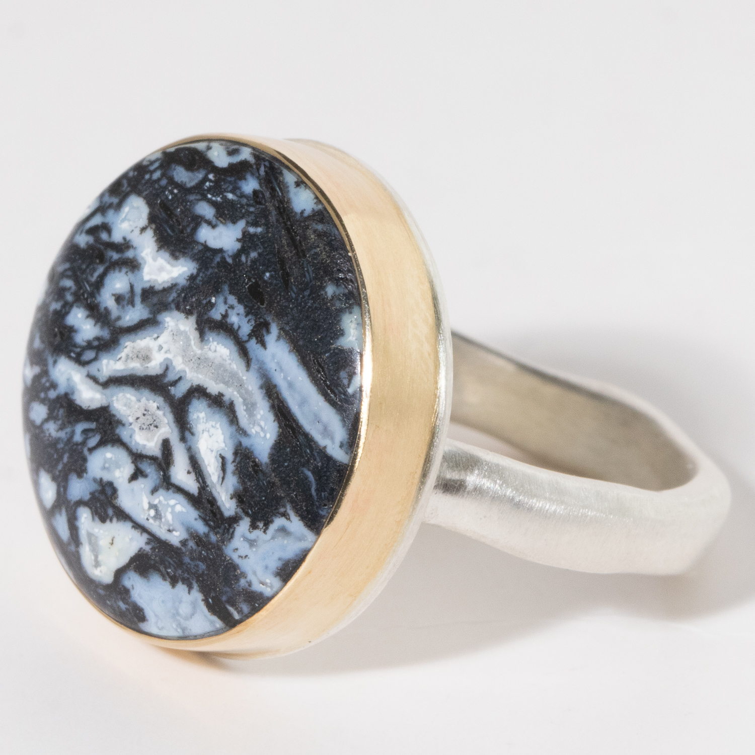 Jamie Joseph: Sterling & 14K Gold Ring w/ Round FOSSILIZED PALM WOOD on Middle Groovy Band SZ. 8.25
