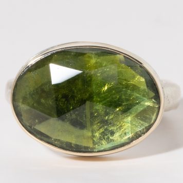 Jamie Joseph: Sterling & 14K Gold Ring w/ Oval Rose Cut GREEN TOURMALINE on Middle Groovy Band, 8.25