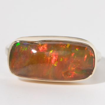 Jamie Joseph: Sterling & 14K Gold Ring w/ Rectangular Organic MEXICAN FIRE OPAL on Middle Organic Band, 8.5