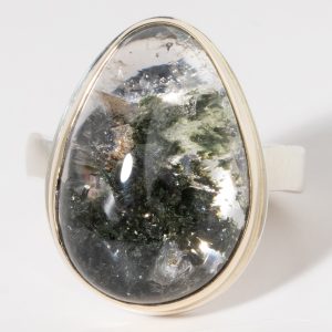 Jamie Joseph: Sterling & 14K Gold Ring w/ Vertical Teardrop GREEN TOURMALINE IN QUARTZ on Soft Live Edge Band, 8