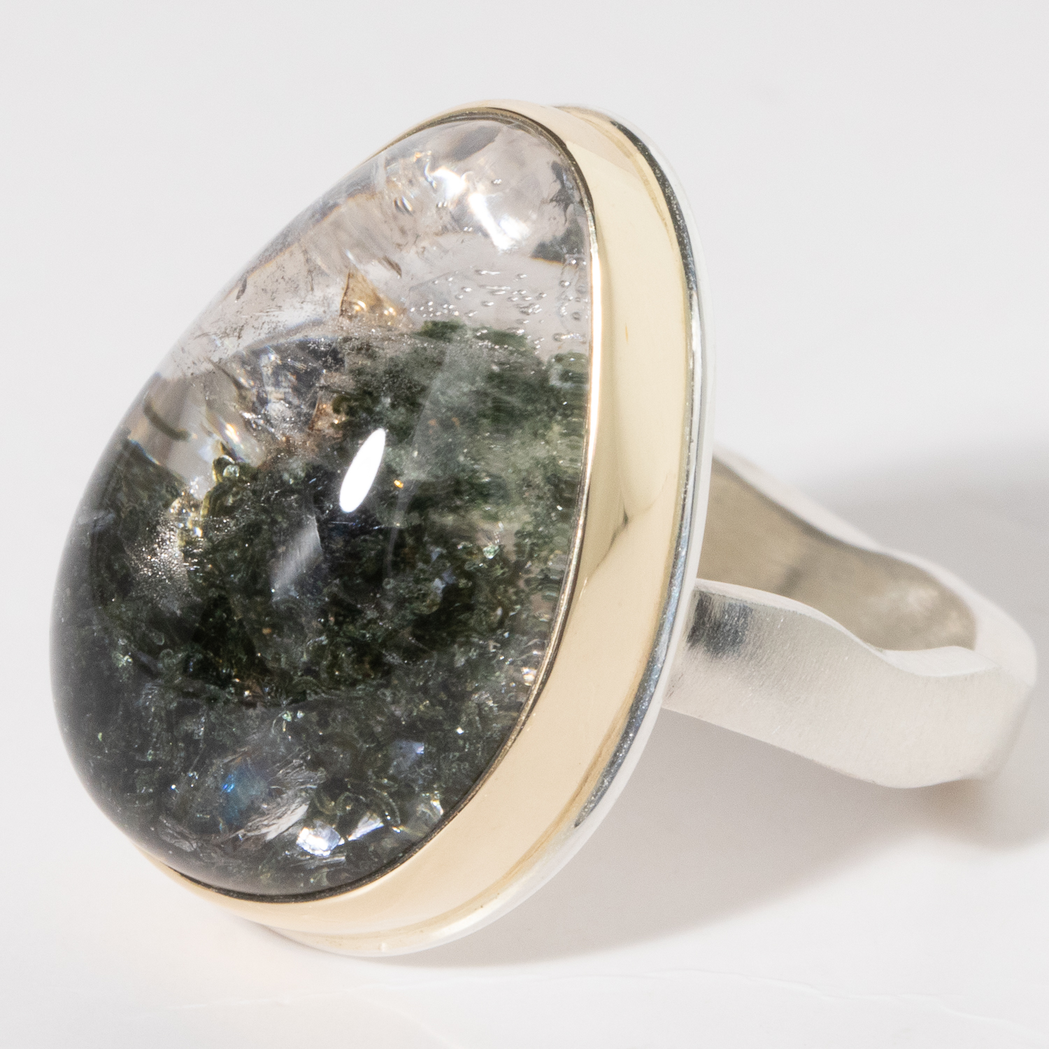 Jamie Joseph: Sterling & 14K Gold Ring w/ Vertical Teardrop GREEN TOURMALINE IN QUARTZ on Soft Live Edge Band, 8