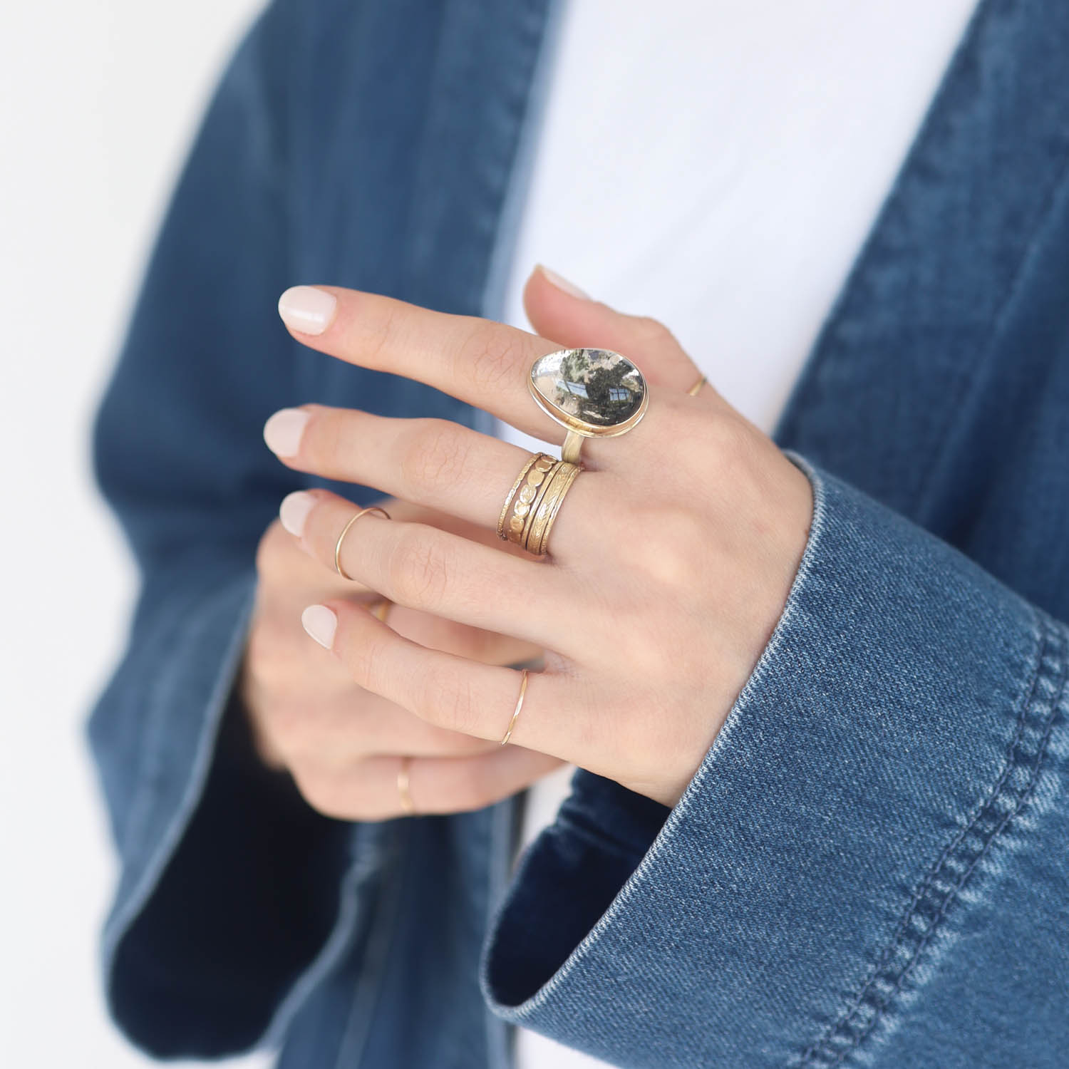 Jamie Joseph: Sterling & 14K Gold Ring w/ Vertical Teardrop GREEN TOURMALINE IN QUARTZ on Soft Live Edge Band, 8