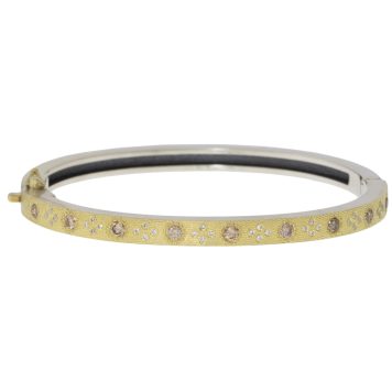 Rene Escobar Trunk Show: 21 4MM BANGLE WITH GOLD FRONT AND SILVER BACK SET WITH 0.90CT IN CHAMPAGNE AND WHITE DIAMONDS.
