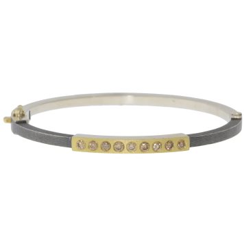 Rene Escobar Trunk Show: 57 2.5MM SILVER BANGLE WITH GOLD CENTER SET WITH 0.45CT IN CHAMPAGNE DIAMONDS.