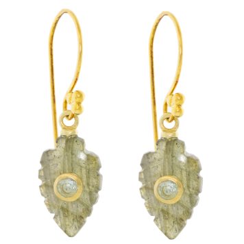 Robindira Unsworth: Fashion Earrings, 14k Vermeil, Labradorite Leaf w/ White Topaz, 1" in length