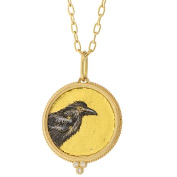 Erica Molinari: 18k/Dia Large Round Hand Painted Vitreous Enamel Raven/Crow painted on 24k Gold Foil, 3 dia granule - .03ct