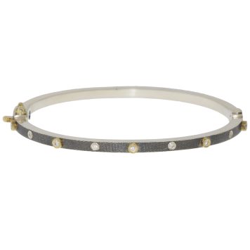 Rene Escobar Trunk Show: 81 2.5MM SILVER BANGLE WITH 5 GOLD BEZELS SET WITH 0.20CT IN WHITE DIAMONDS.