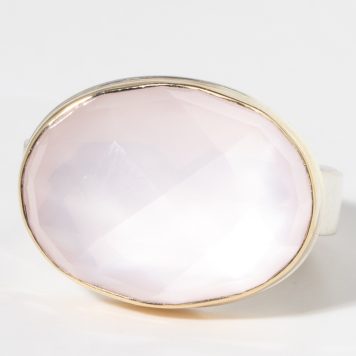 Jamie Joseph: Sterling & 14K Gold Ring w/ Large Rose Cut Oval Rose Quartz on Live Edge Band