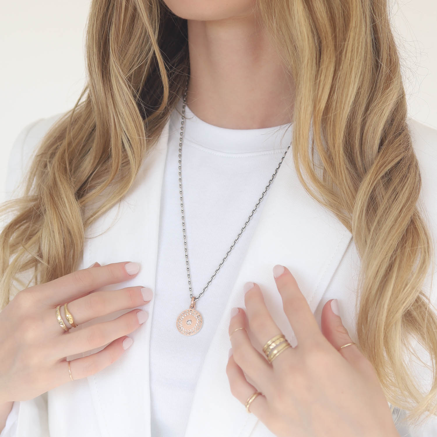 Rene Escobar Trunk Show: MEDIUM ROSE GOLD ROUND PENDANT WITH GOLD BAIL SET WITH 0.60CT IN TWO ROWS OF CHAMPAGNE AND WHITE DIAMONDS