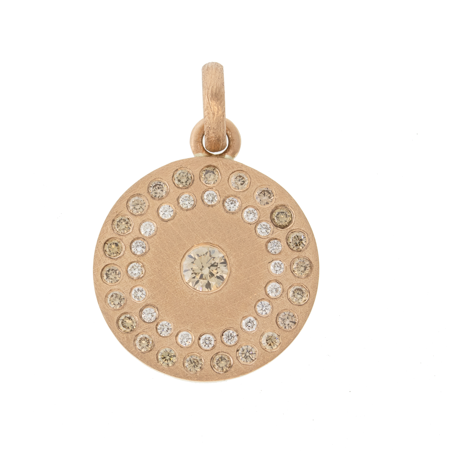 Rene Escobar Trunk Show: MEDIUM ROSE GOLD ROUND PENDANT WITH GOLD BAIL SET WITH 0.60CT IN TWO ROWS OF CHAMPAGNE AND WHITE DIAMONDS