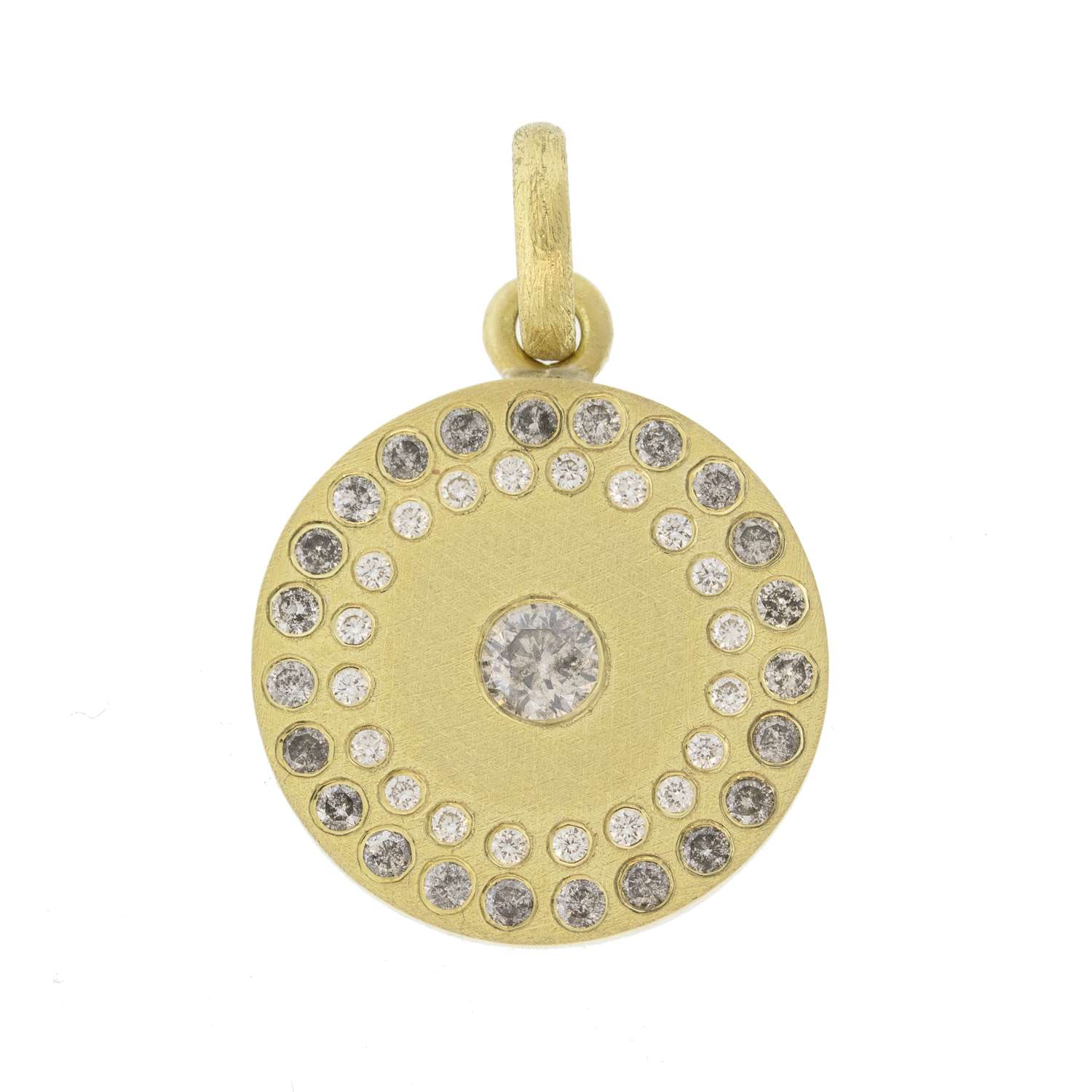 Rene Escobar Trunk Show: MEDIUM GOLD ROUND PENDANT WITH GOLD BAIL SET WITH 0.90CT IN TWO ROWS OF SALT & PEPPER AND WHITE DIAMONDS