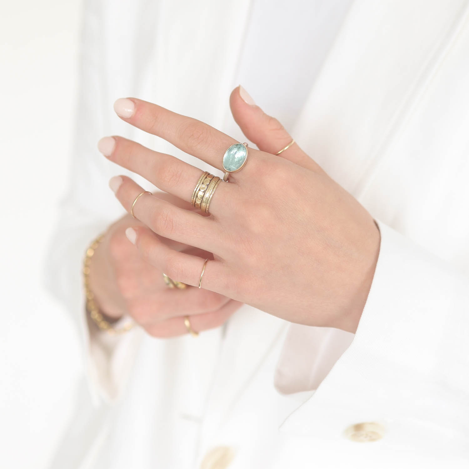 Jamie Joseph: Sterling & 14K Gold Ring w/ Inverted Oval AQUAMARINE on Skinny Smooth Band