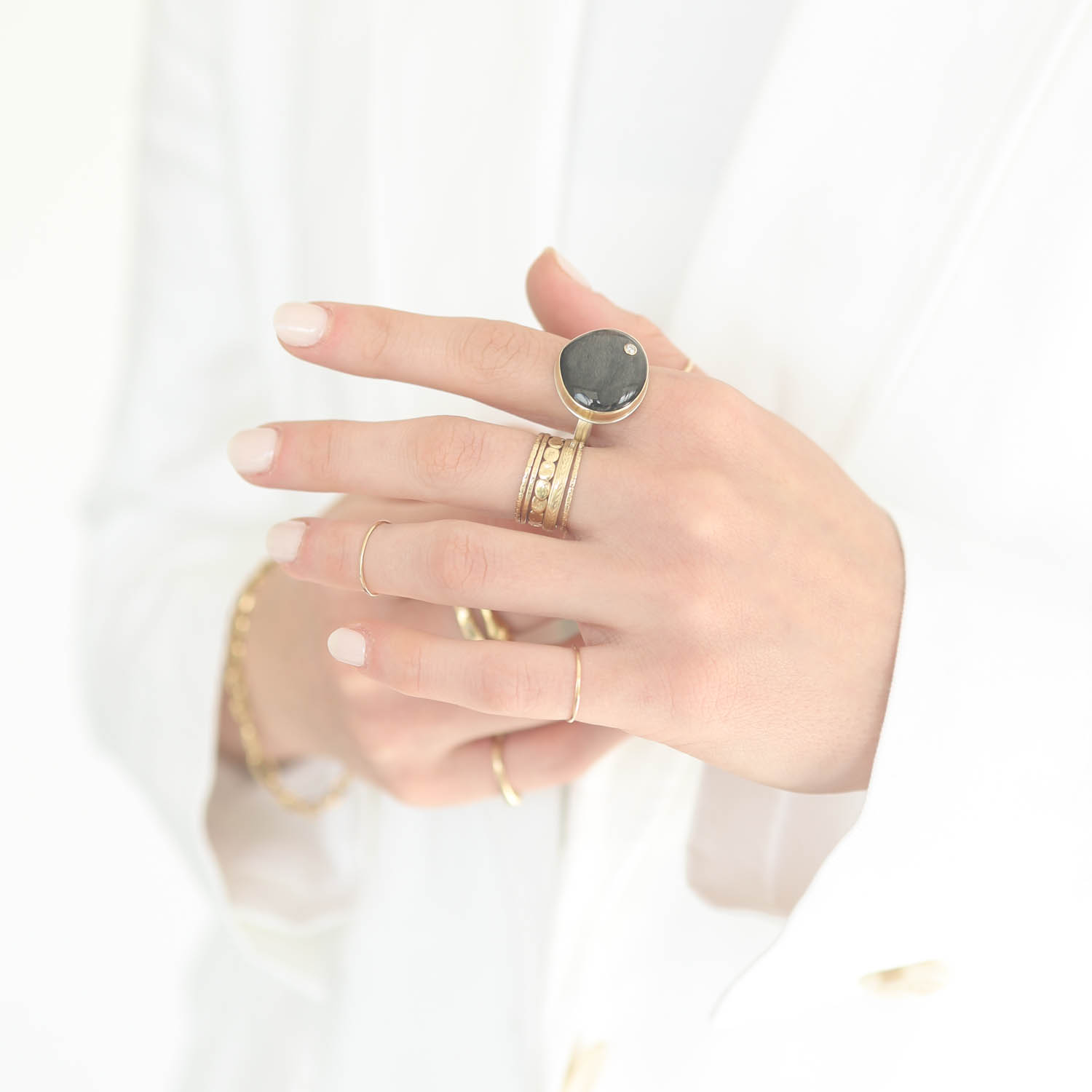 Jamie Joseph: Sterling & 14K Gold Ring w/ Squat Shape SILVER SHEEN OBSIDIAN and .03 Pt Diamond on X Band